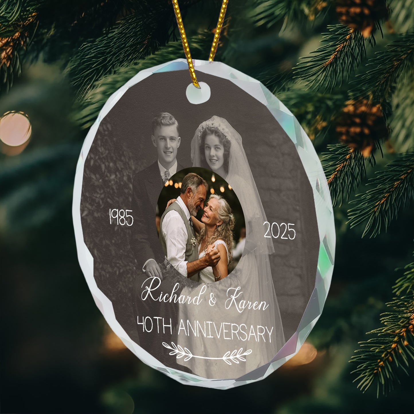 Wedding Anniversary Then & Now Couples Photo - Personalized Glass Photo Ornament