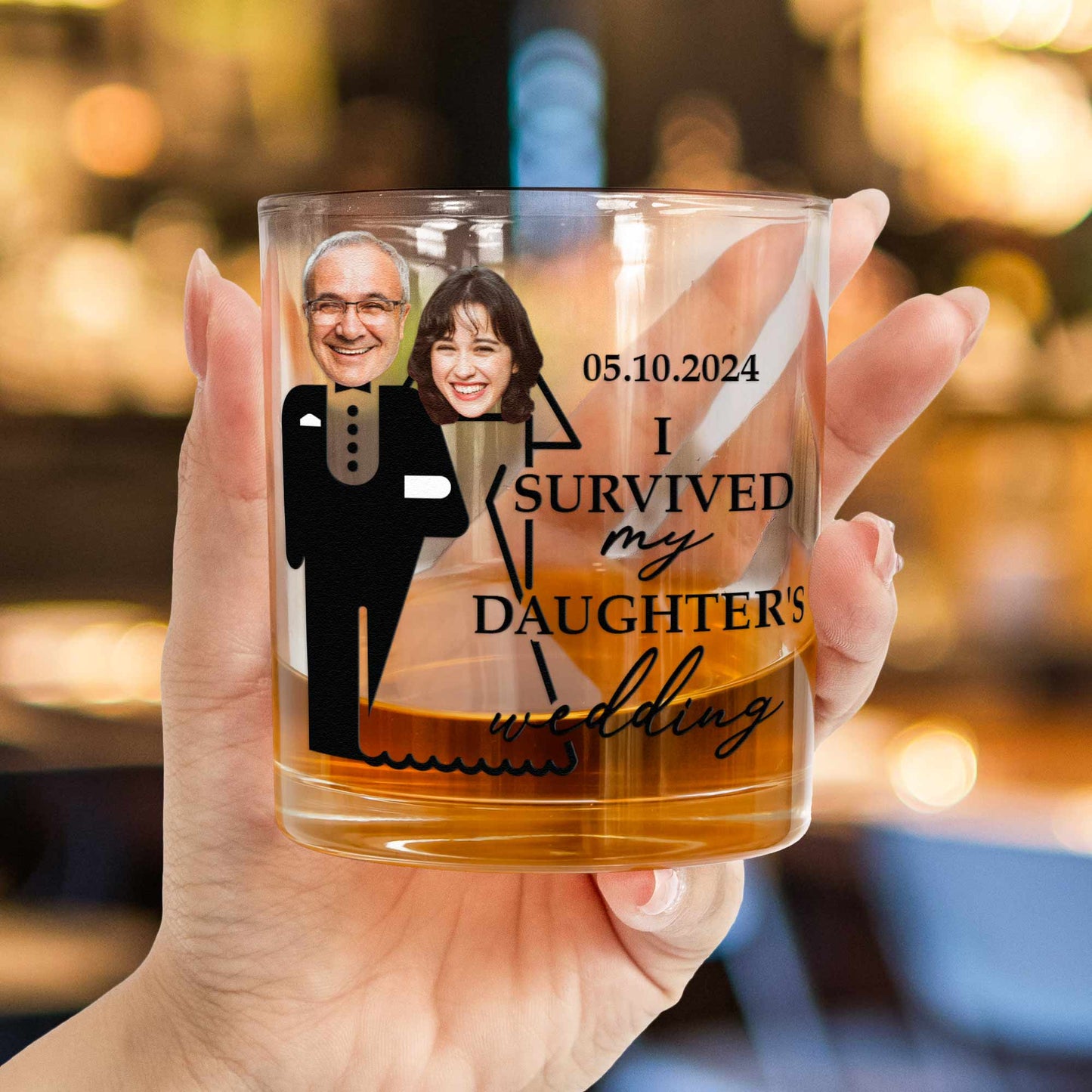 Wedding Gift For Dad I Survived Daughter's Wedding - Personalized Photo Whiskey Glass