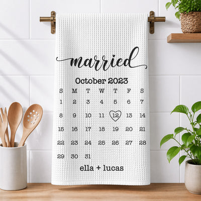 Wedding Date Dish Towel Custom Calendar Anniversary Gift Newlywed, Engagement - Personalized Kitchen Towel