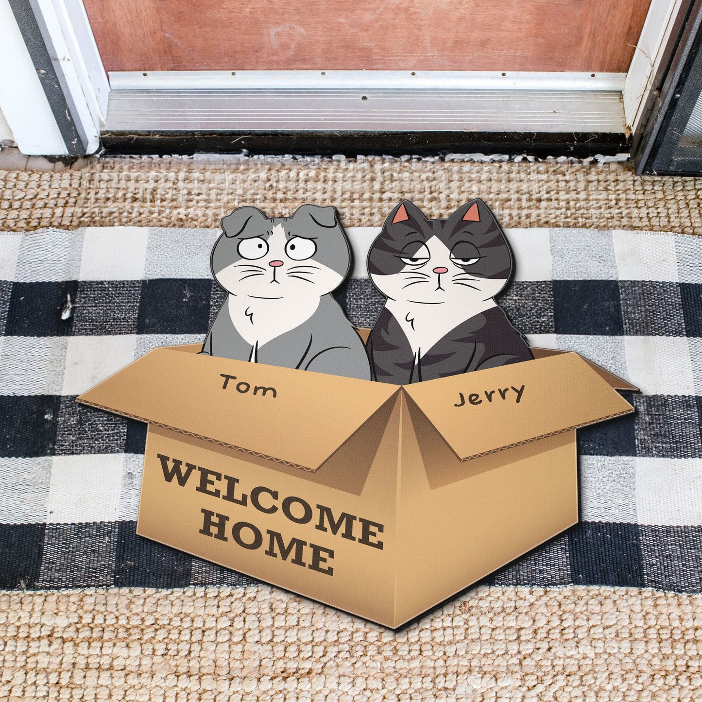 Welcome Home With Cats In A Box - Personalized Doormat