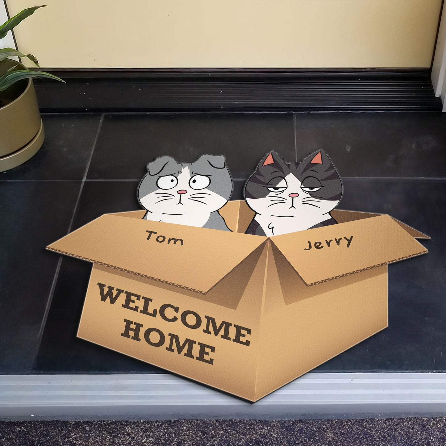 Welcome Home With Cats In A Box - Personalized Doormat
