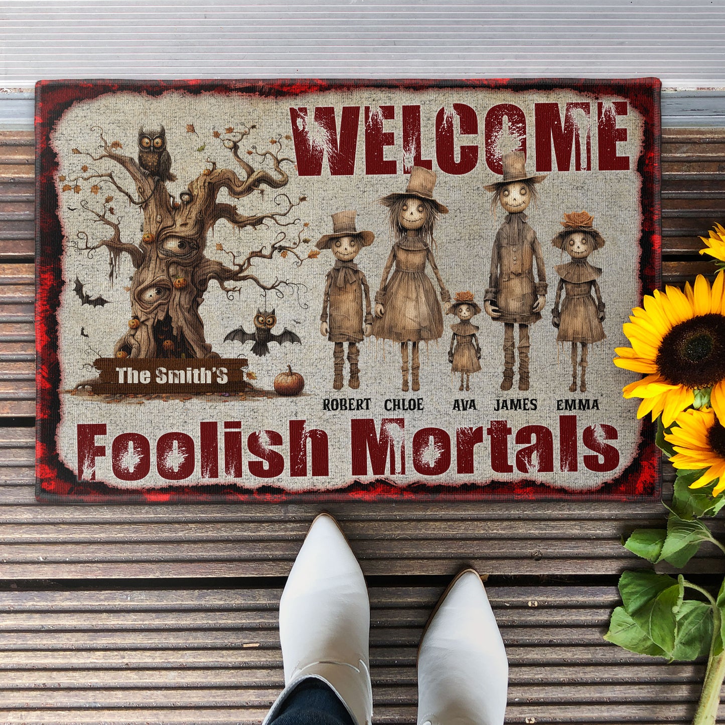 Welcome Mortals. Scarecrow Family. - Personalized Doormat