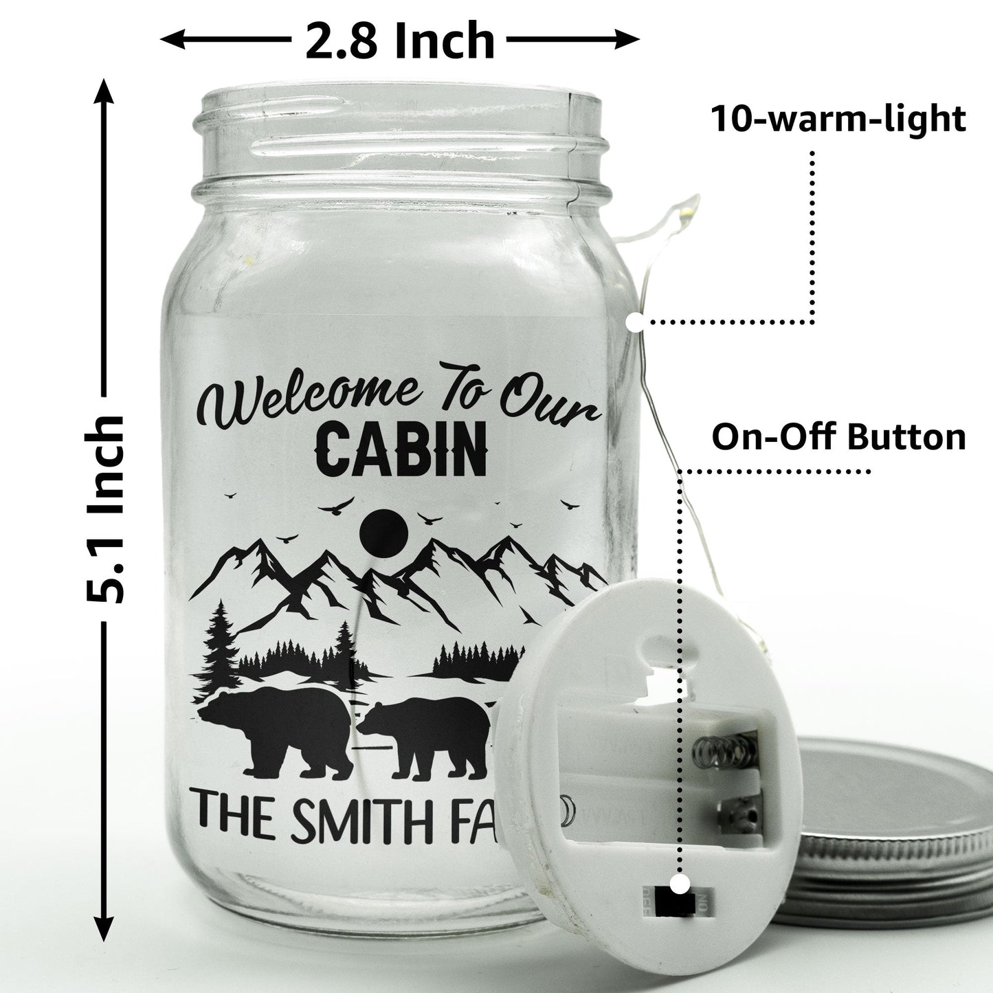 Welcome To Our Cabin- Personalized Mason Jar Night Light