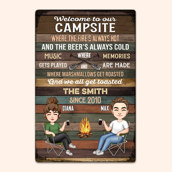 Welcome To Our Campsite - Personalized Metal Sign - Birthday
