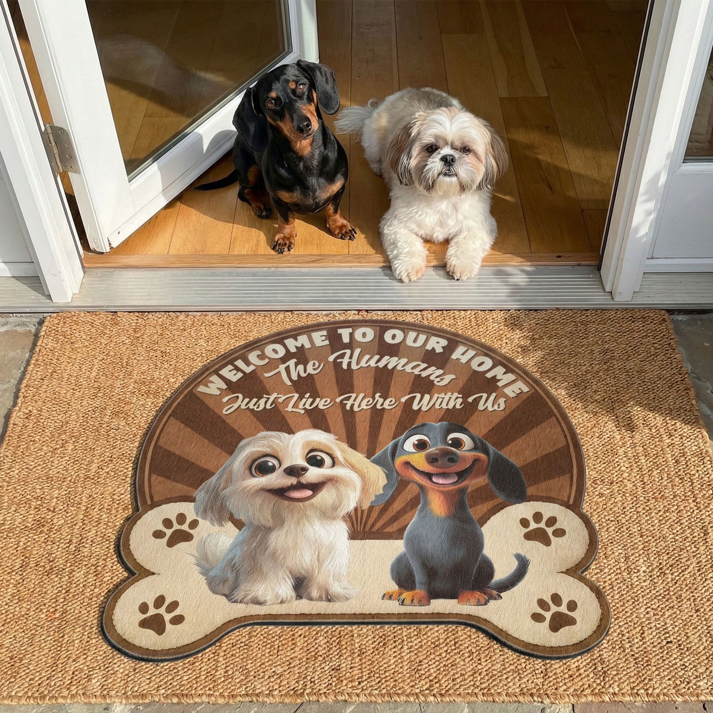 Welcome To Our Home - The Humans Just Live Here With Us - Personalized Doormat