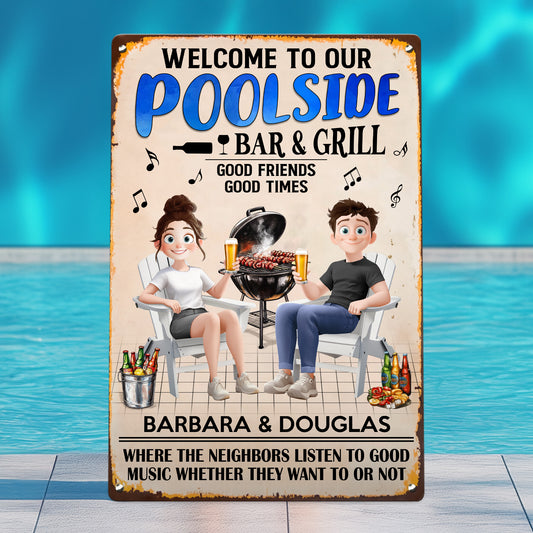 Welcome To Our Poolside New Version Outdoor Decor - Personalized Metal Sign