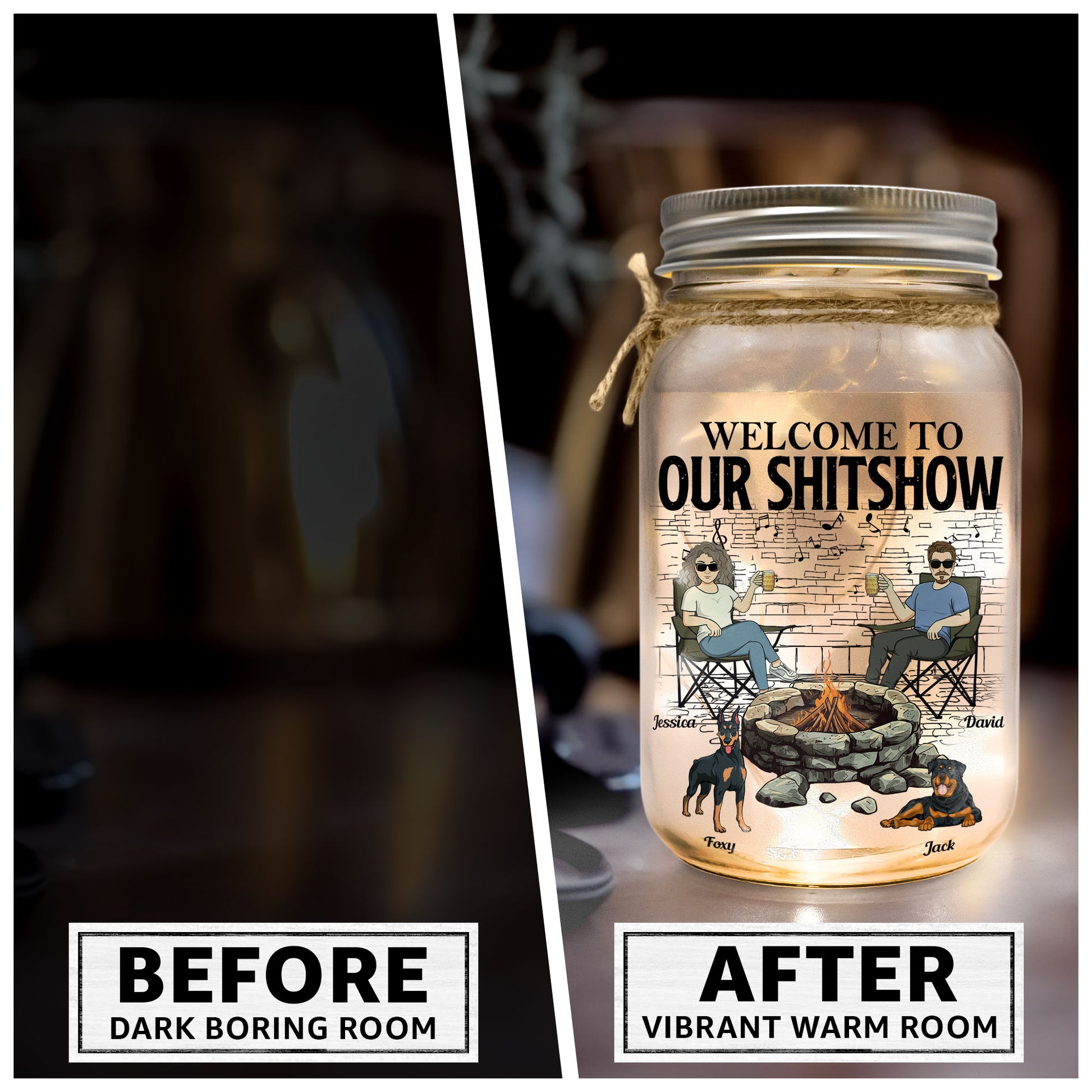 Welcome To Our Sh*-Show Firepit - Personalized Mason Jar Light