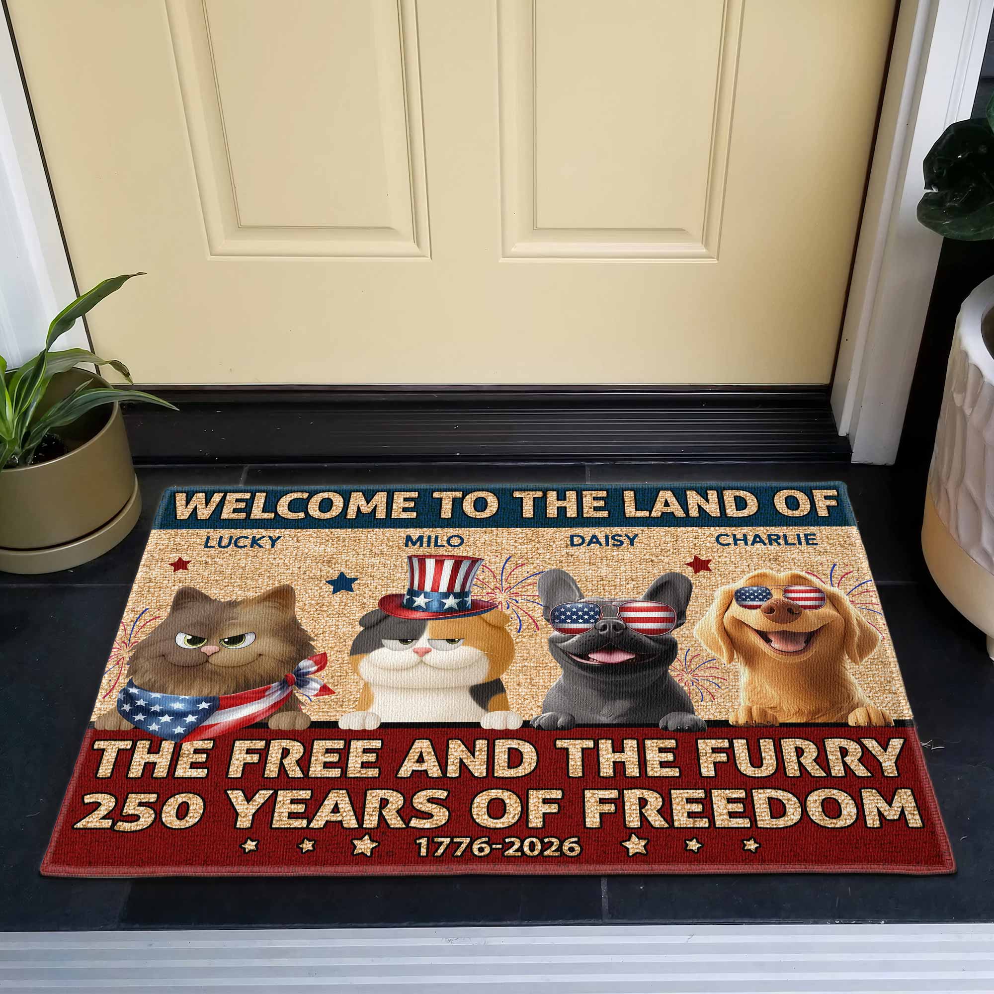 Welcome To The Land Of The Free And Furry - Personalized Doormat