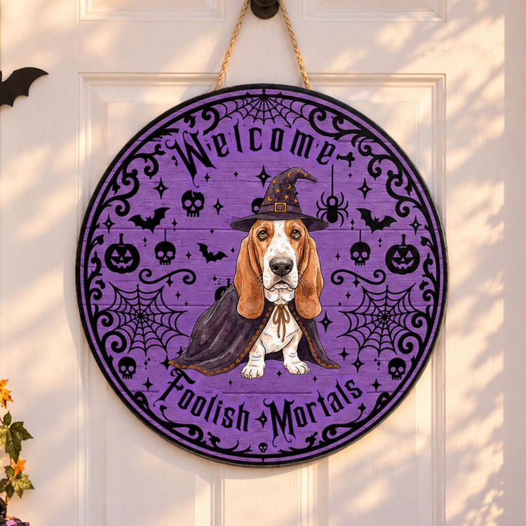 Welcome-Foolish-Mortals-Custom-Pet-Watercolor-Halloween-Personalized-Wood-Sign-2