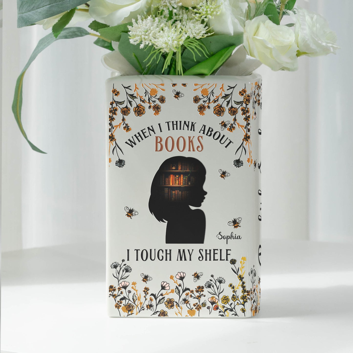 When I Think About Books I Touch My Shelf - Personalized Ceramic Book Vase