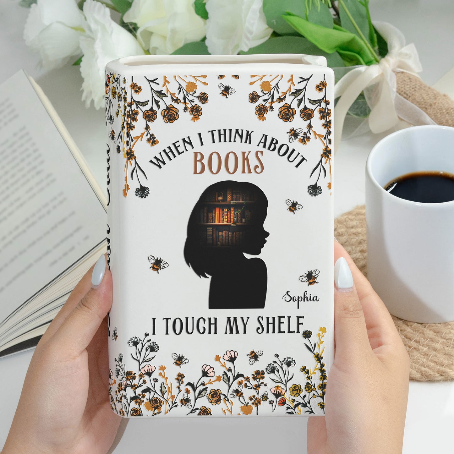 When I Think About Books I Touch My Shelf - Personalized Ceramic Book Vase