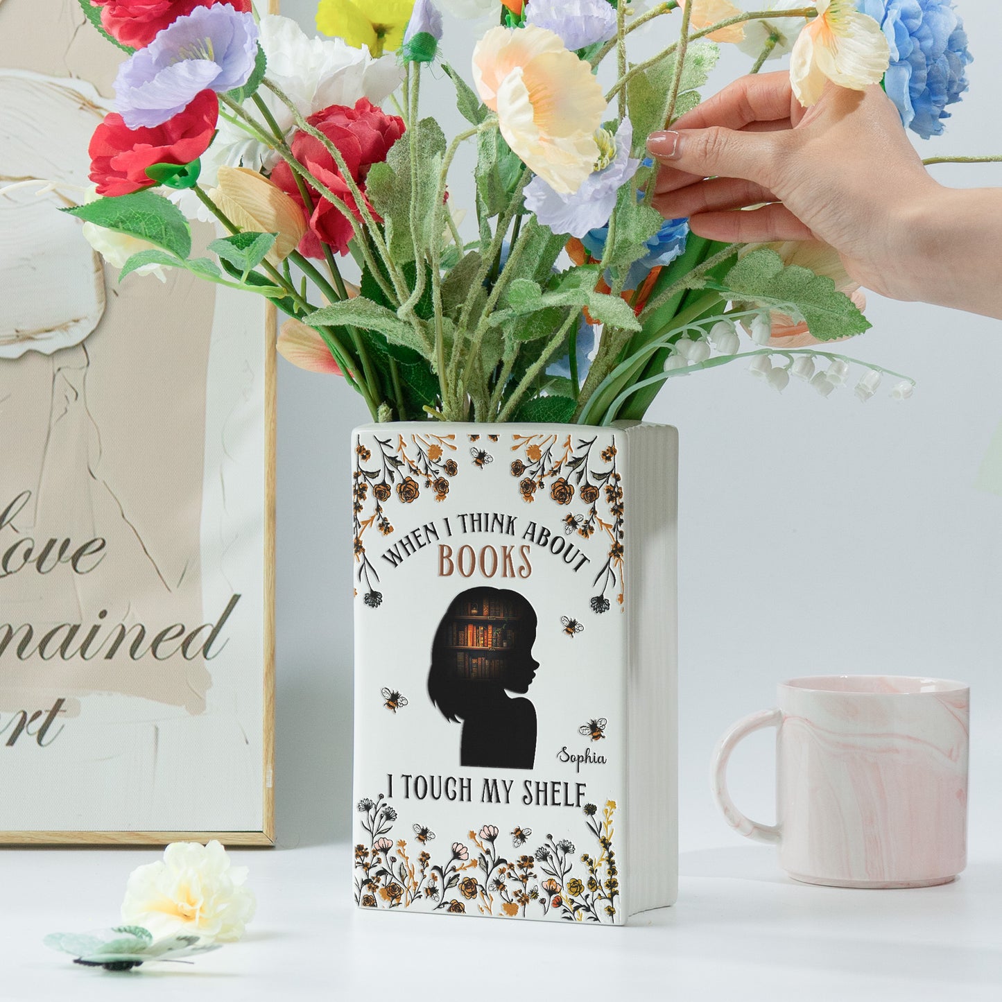 When I Think About Books I Touch My Shelf - Personalized Ceramic Book Vase