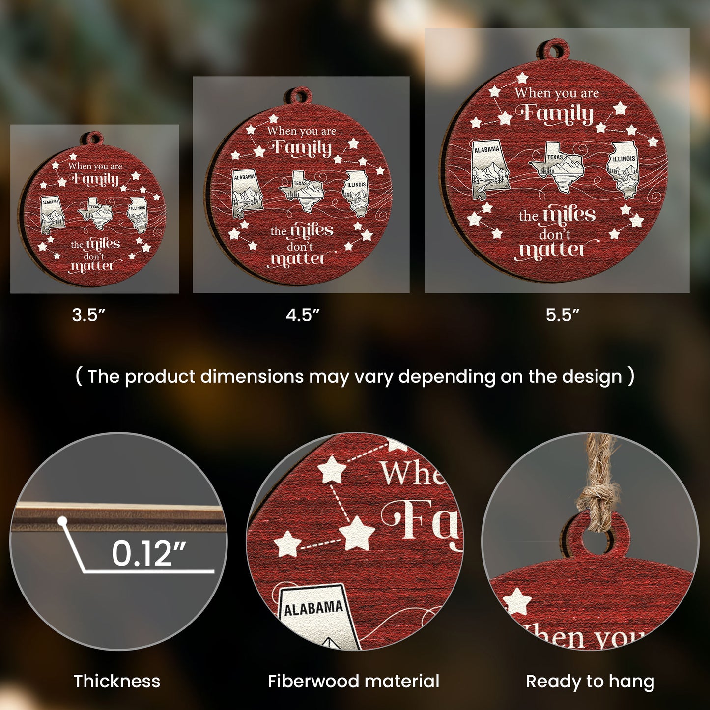 When You Are Family The Miles Don't Matter State Map - Personalized Wooden Ornament