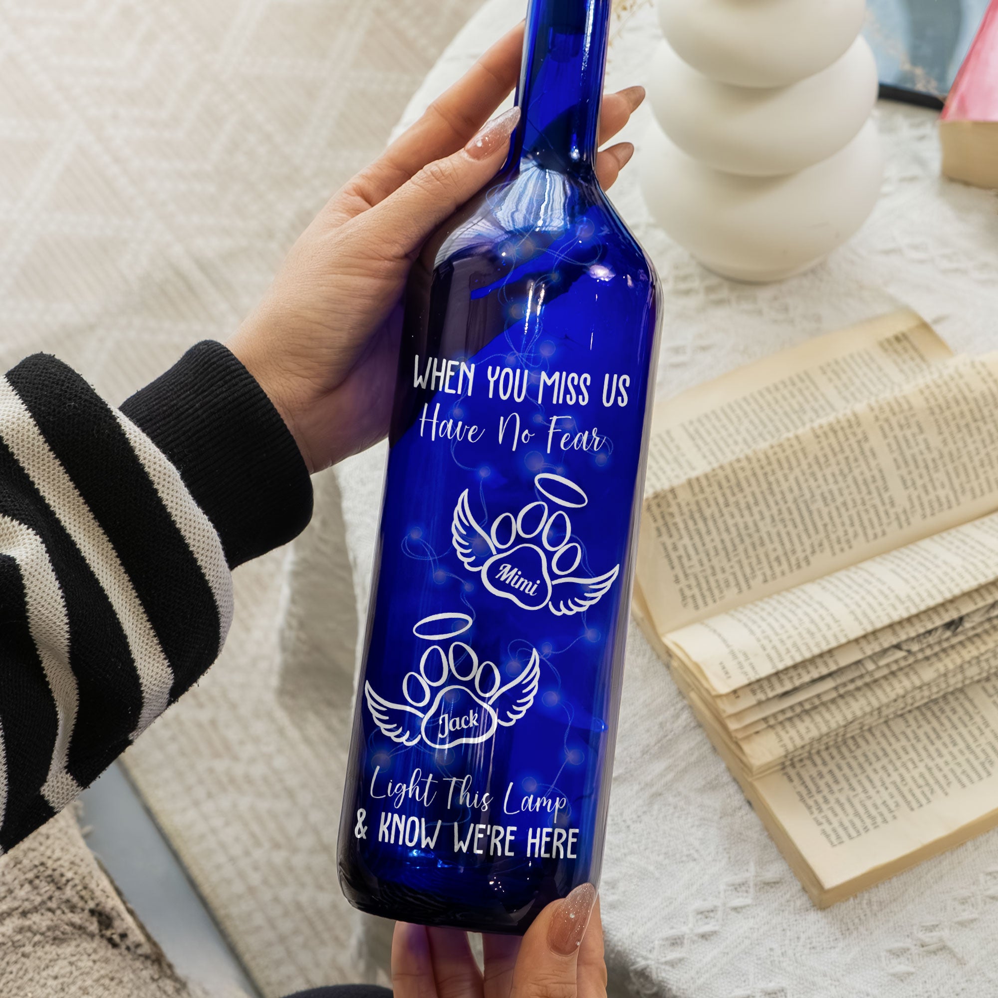 When You Miss Us Have No Fear - Personalized Blue Bottle Lamp
