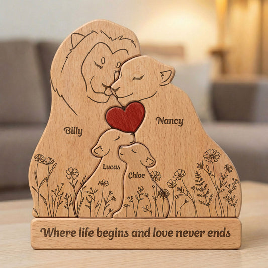 Where Life Begins And Love Never Ends Mother's Day Gift - Personalized Wooden Lion Family Puzzle