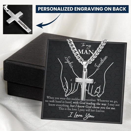 With God Leading Our Forever Journey Gift For Him - Personalized Cross Necklace With Card