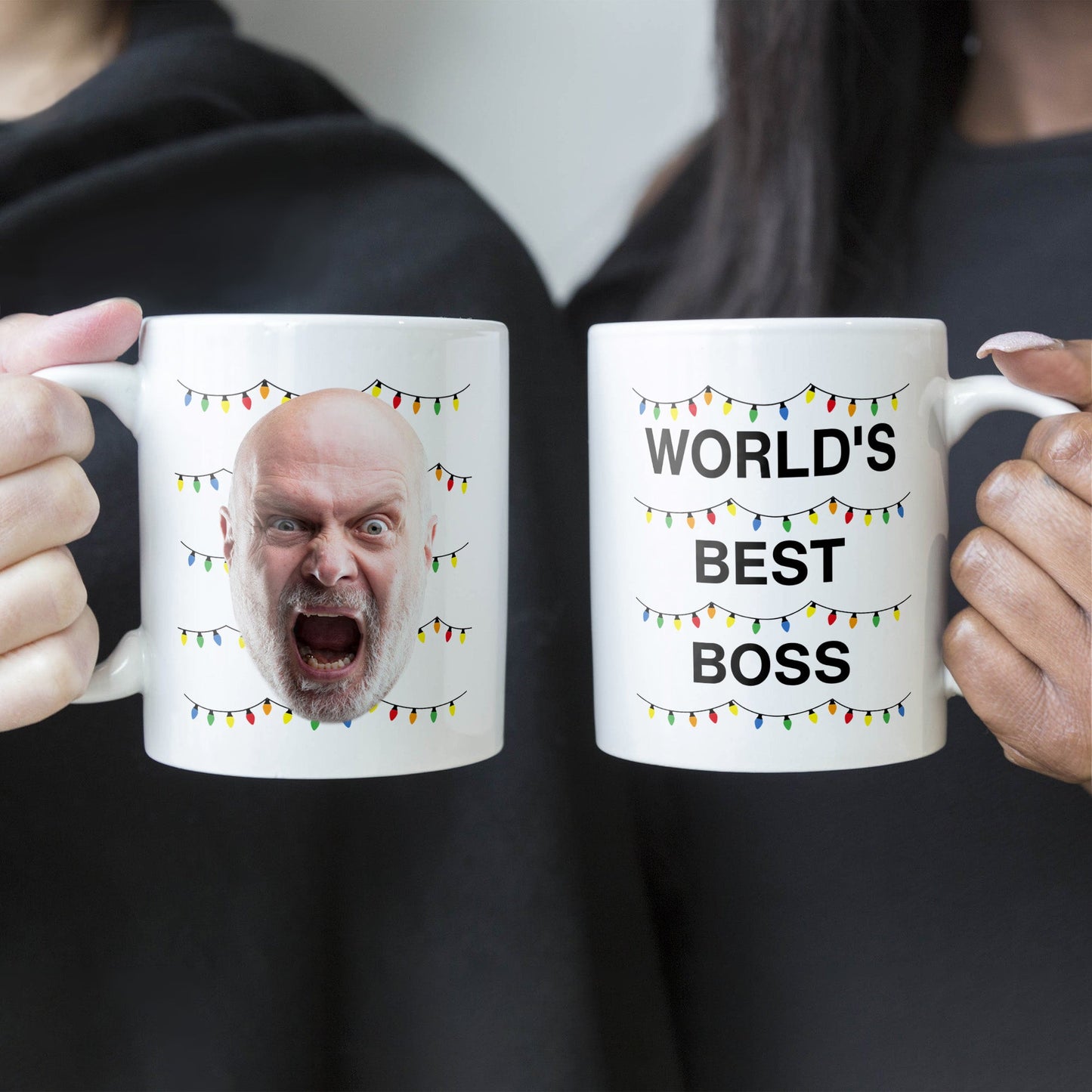 World'S Best Boss Funny Xmas Lights Custom Face - Personalized Photo Mug