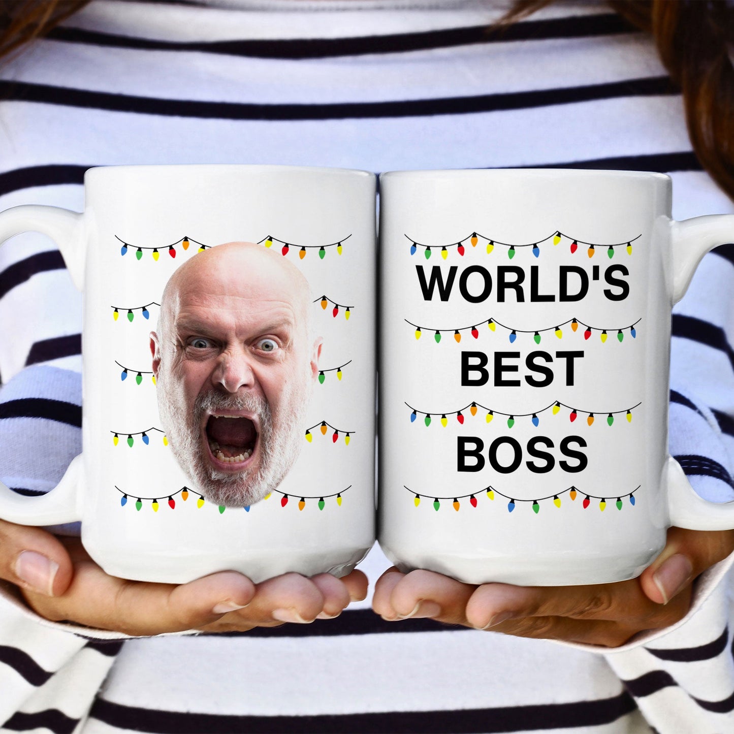 World'S Best Boss Funny Xmas Lights Custom Face - Personalized Photo Mug