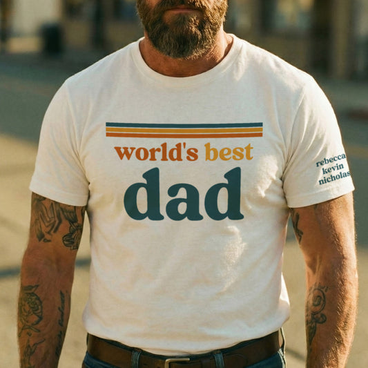 World’s Best Dad Retro 70s Vintage Father’s Day Gift With Kids’ Names - Up To 12 Names - Personalized Shirt