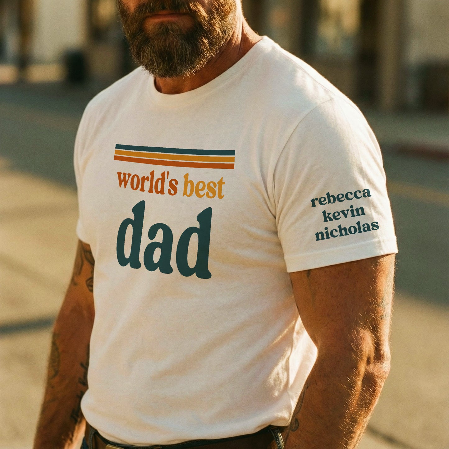 World’s Best Dad Retro 70s Vintage Father’s Day Gift With Kids’ Names - Up To 12 Names - Personalized Shirt