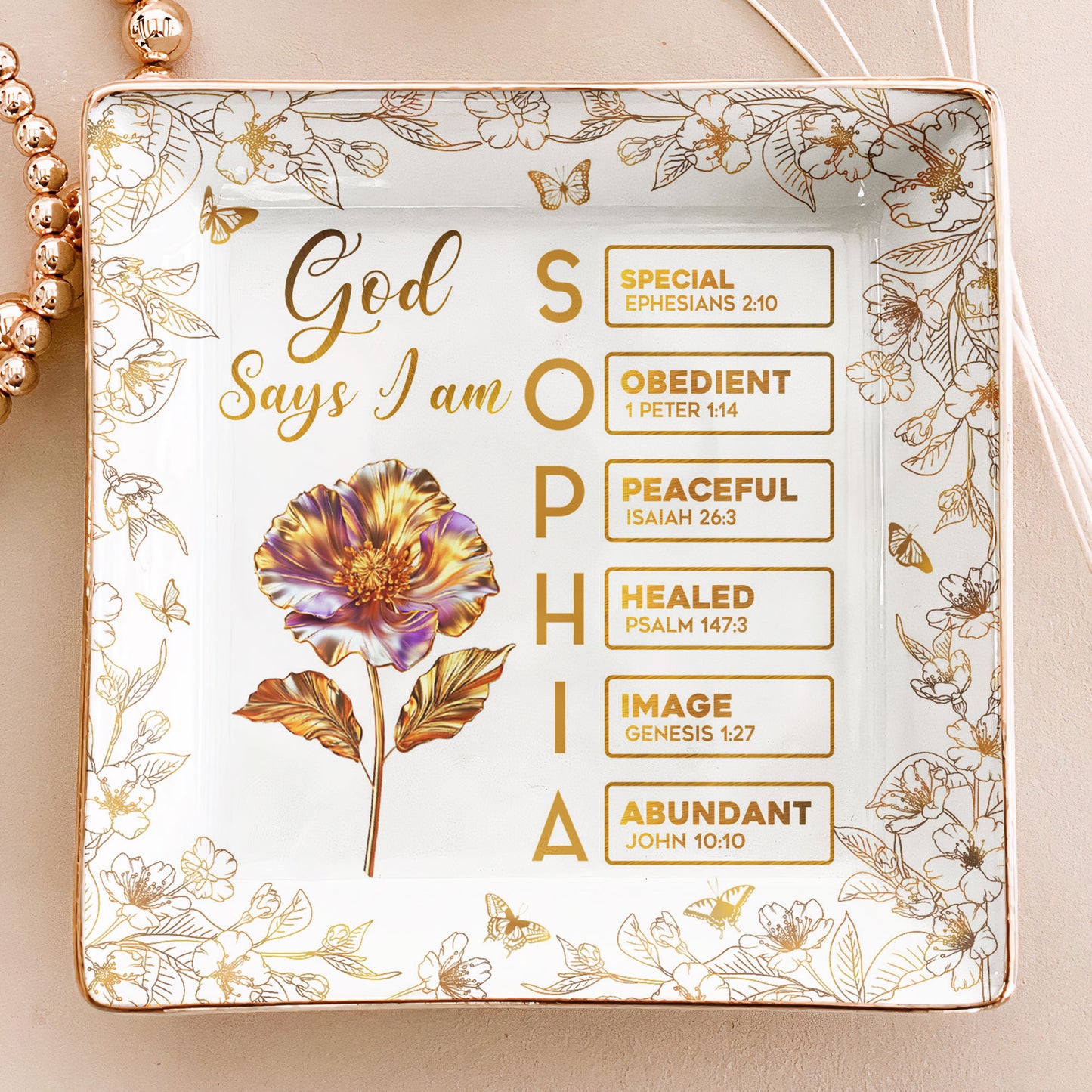 You Are Custom Name Letter In Bible Gold Birth Flower Style - Personalized Jewelry Dish