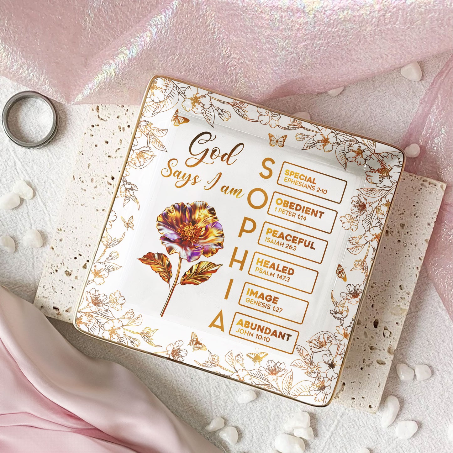 You Are Custom Name Letter In Bible Gold Birth Flower Style - Personalized Jewelry Dish