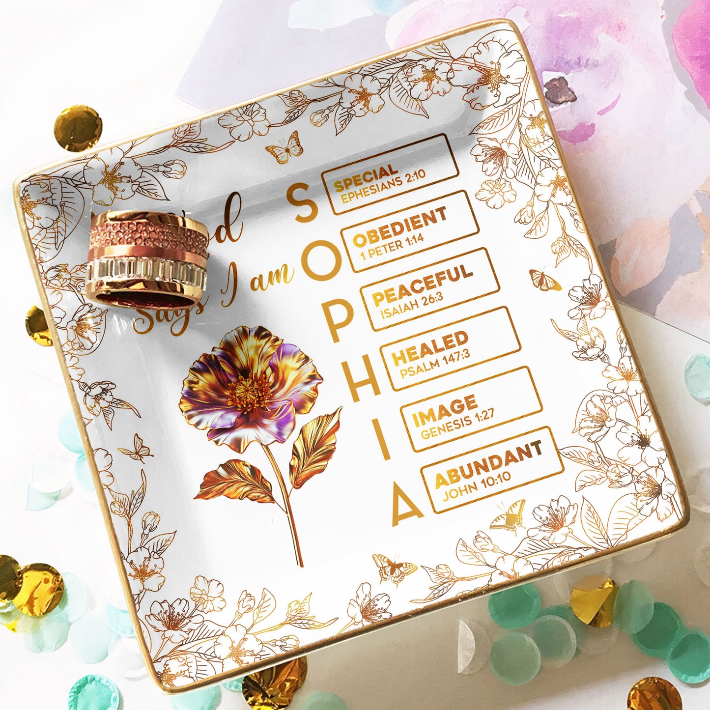 You Are Custom Name Letter In Bible Gold Birth Flower Style - Personalized Jewelry Dish