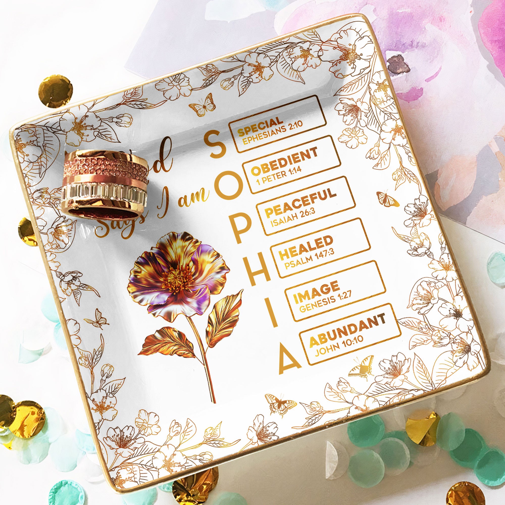You Are Custom Name Letter In Bible Gold Birth Flower Style - Personalized Jewelry Dish