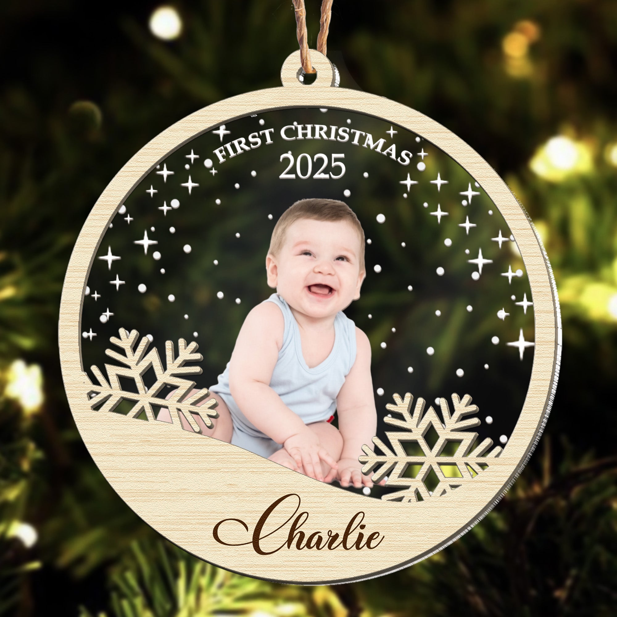 Baby's First Christmas With Snowflake - Personalized Photo Wood And Acrylic Ornament