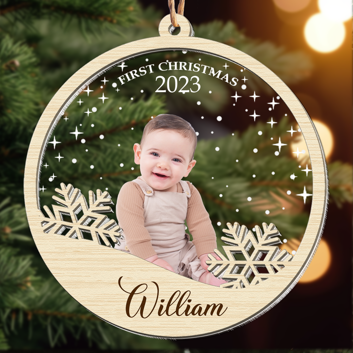 Baby's First Christmas With Snowflake - Personalized Photo Wood And Acrylic Ornament