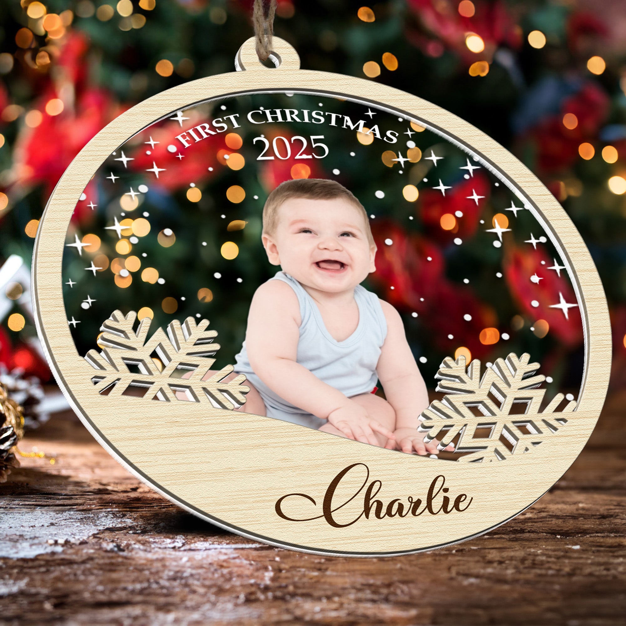 Baby's First Christmas With Snowflake - Personalized Photo Wood And Acrylic Ornament