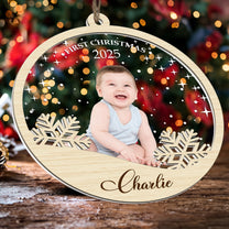 Baby's First Christmas With Snowflake - Personalized Photo Wood And Acrylic Ornament