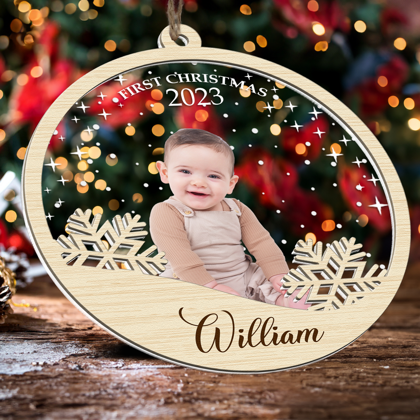 Baby's First Christmas With Snowflake - Personalized Photo Wood And Acrylic Ornament