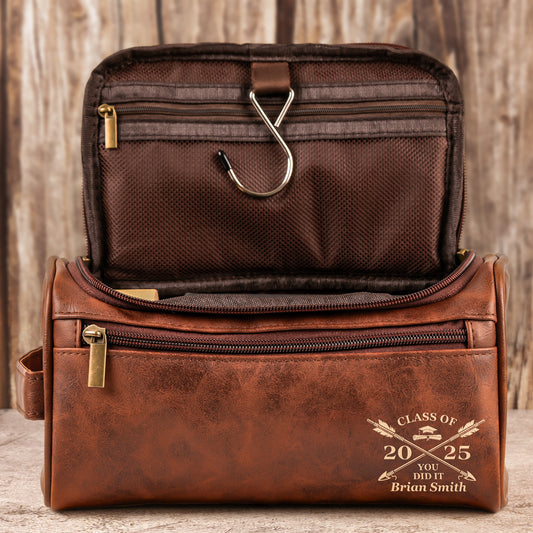You Did It - Graduation Gift For Him - Personalized Leather Toiletry Bag