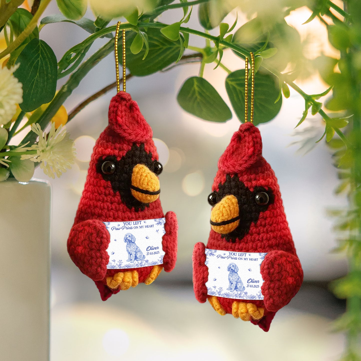 You Left Paw Prints On My Heart Dog Loss - Personalized Crochet Cardinal Ornament