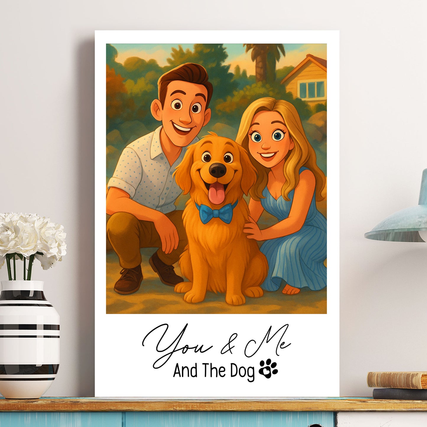 You & Me And The Dog, Cartoon Portrait For Couples - Personalized Photo Poster