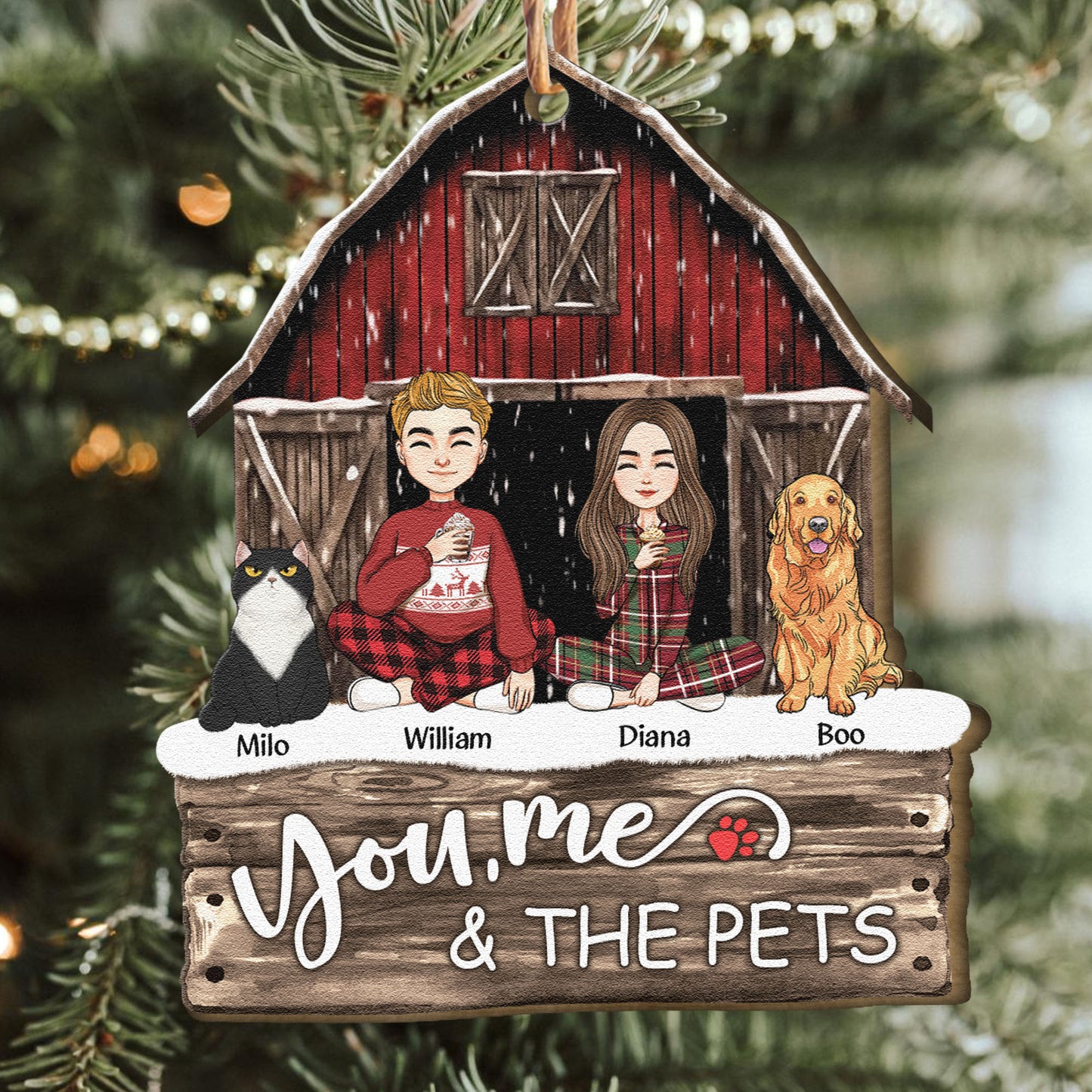 You, Me & The Pets Dogs Cats - Personalized Wooden Ornament