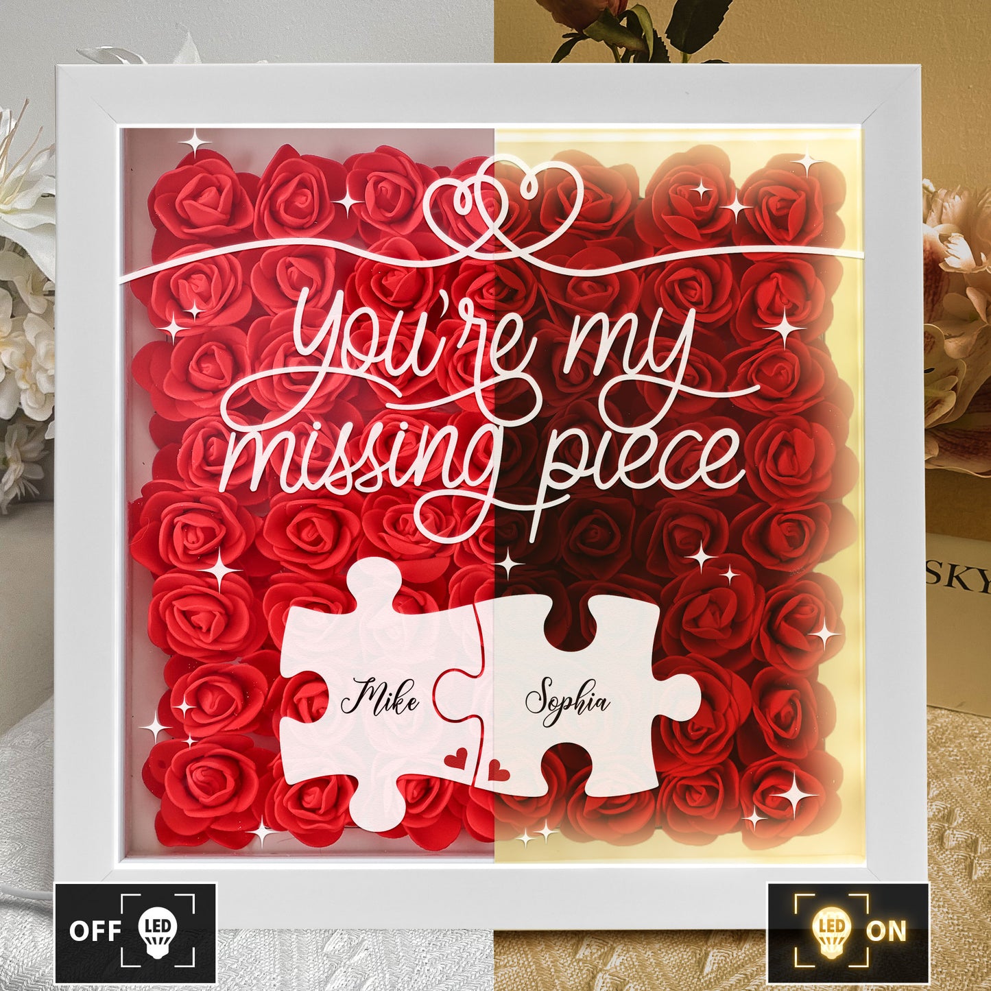 You're My Missing Piece - Personalized Flower Shadow Box With LED Light