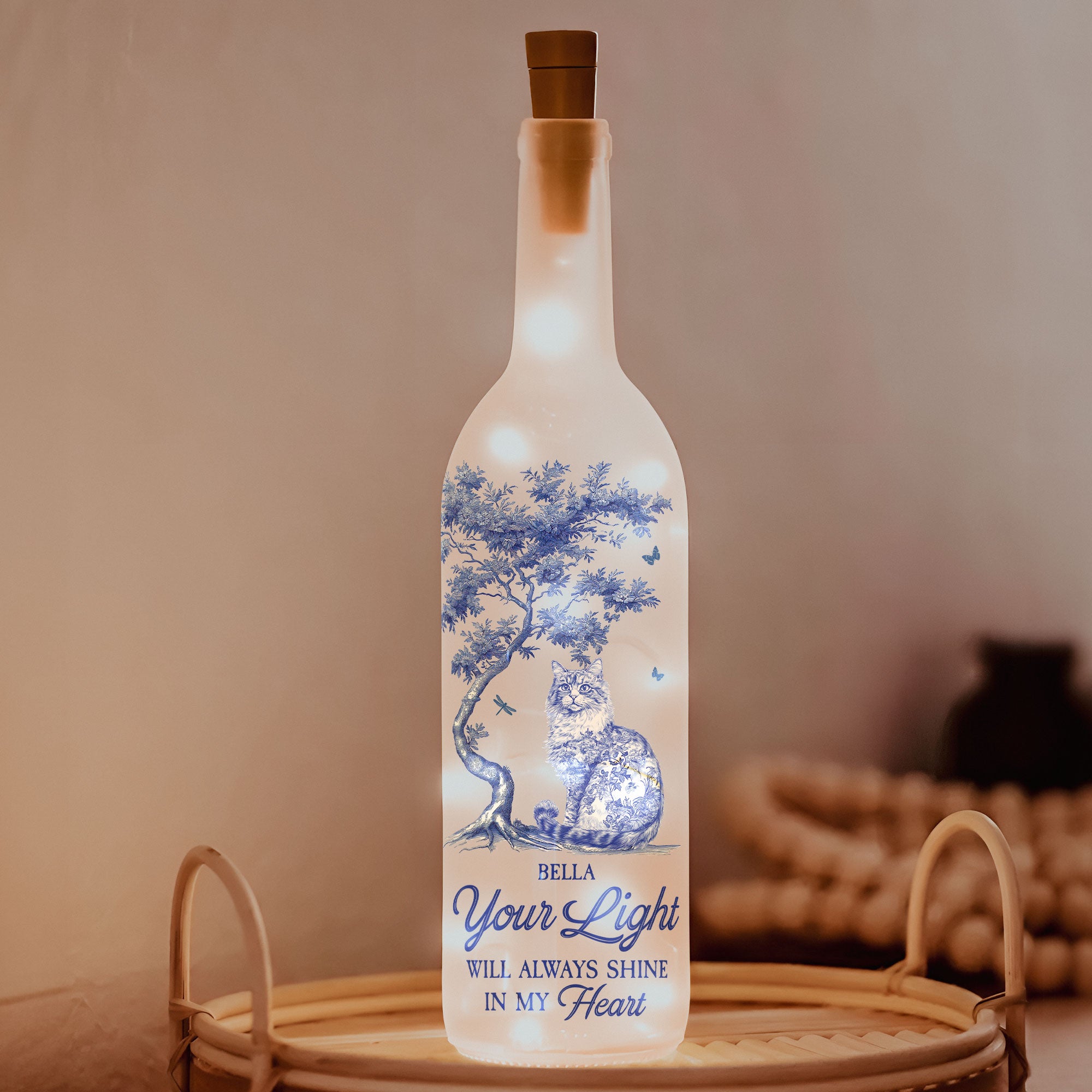 Your Light Will Always Shine Cat Toile De Jouy Style - Personalized Bottle Lamp