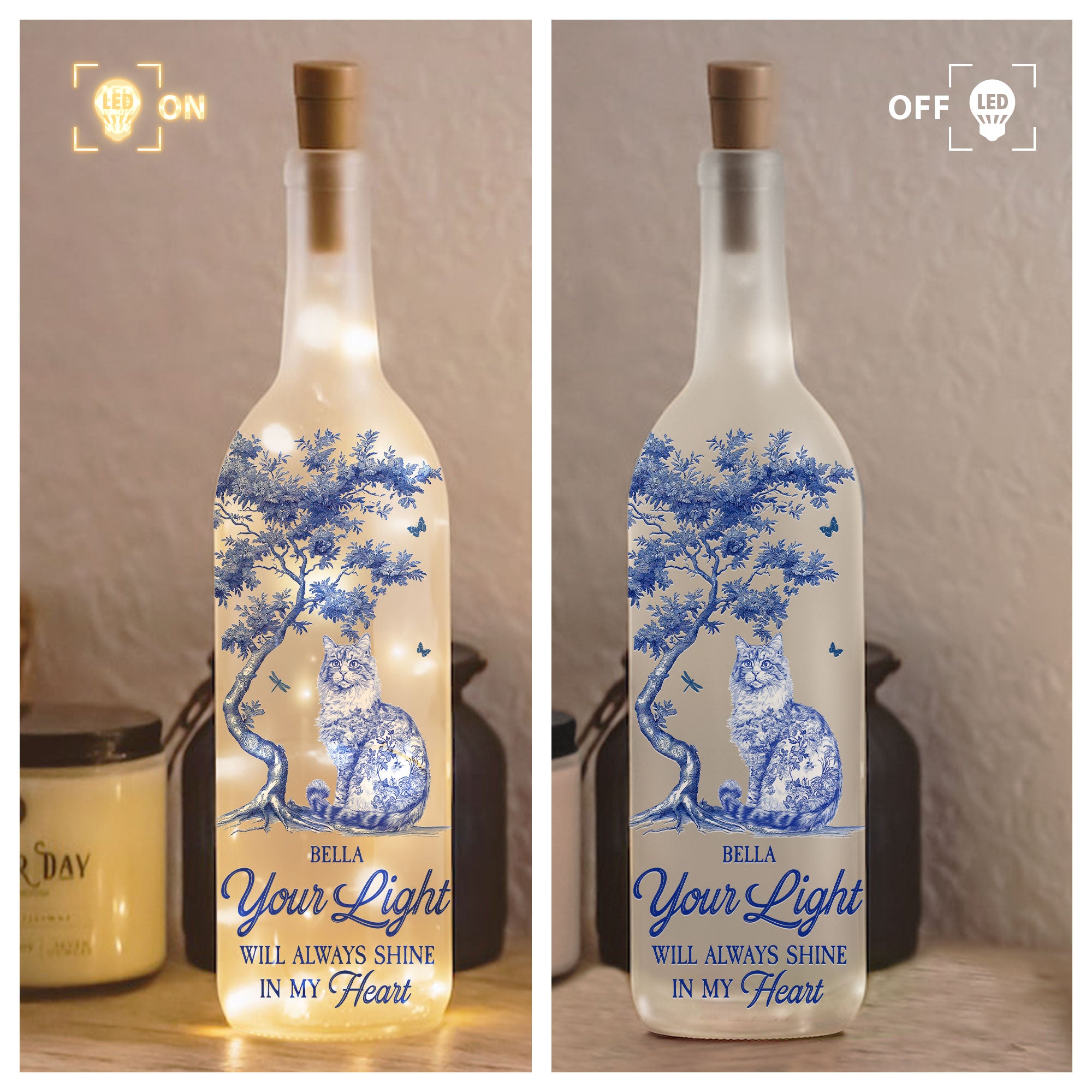 Your Light Will Always Shine Cat Toile De Jouy Style - Personalized Bottle Lamp