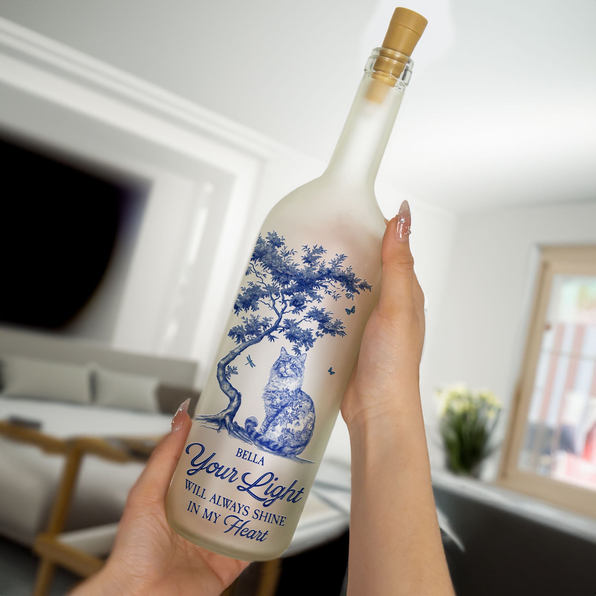 Your Light Will Always Shine Cat Toile De Jouy Style - Personalized Bottle Lamp
