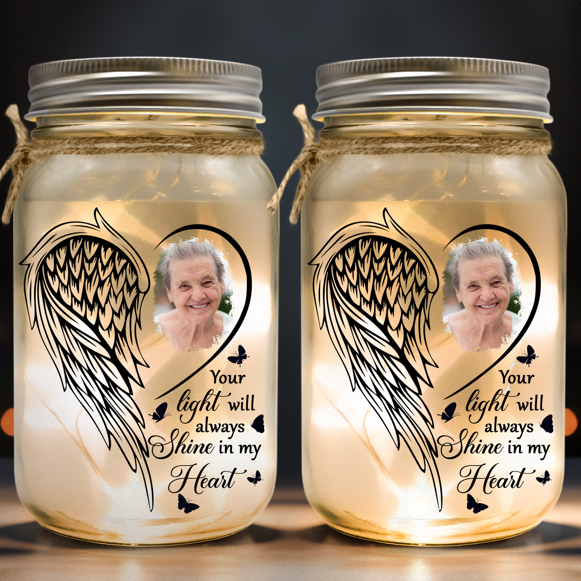 Your Light Will Always Shine In My Heart - Personalized Mason Jar Photo Light