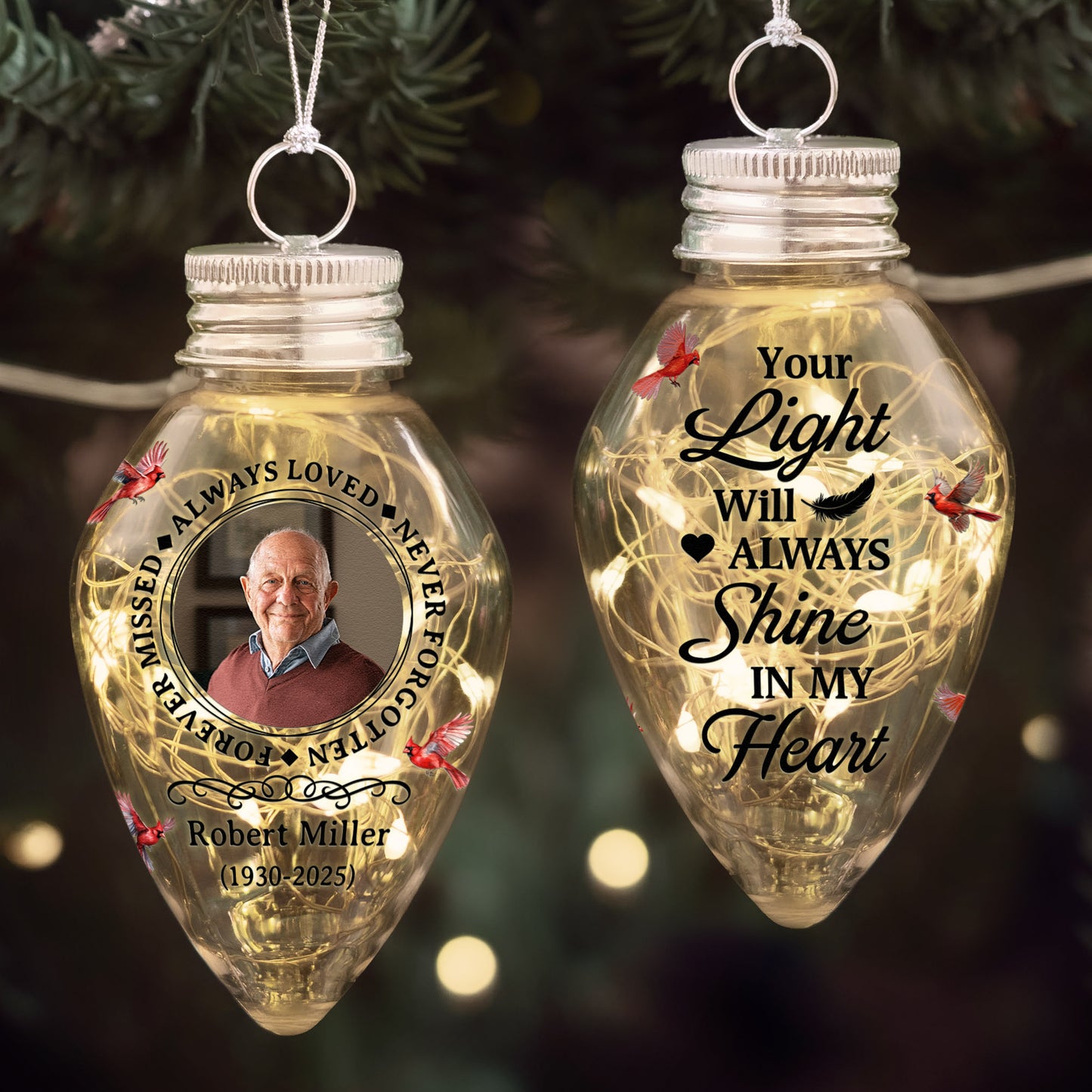 Your Light Will Always Shine In Our Hearts Memorial - Personalized Photo LED Christmas Light