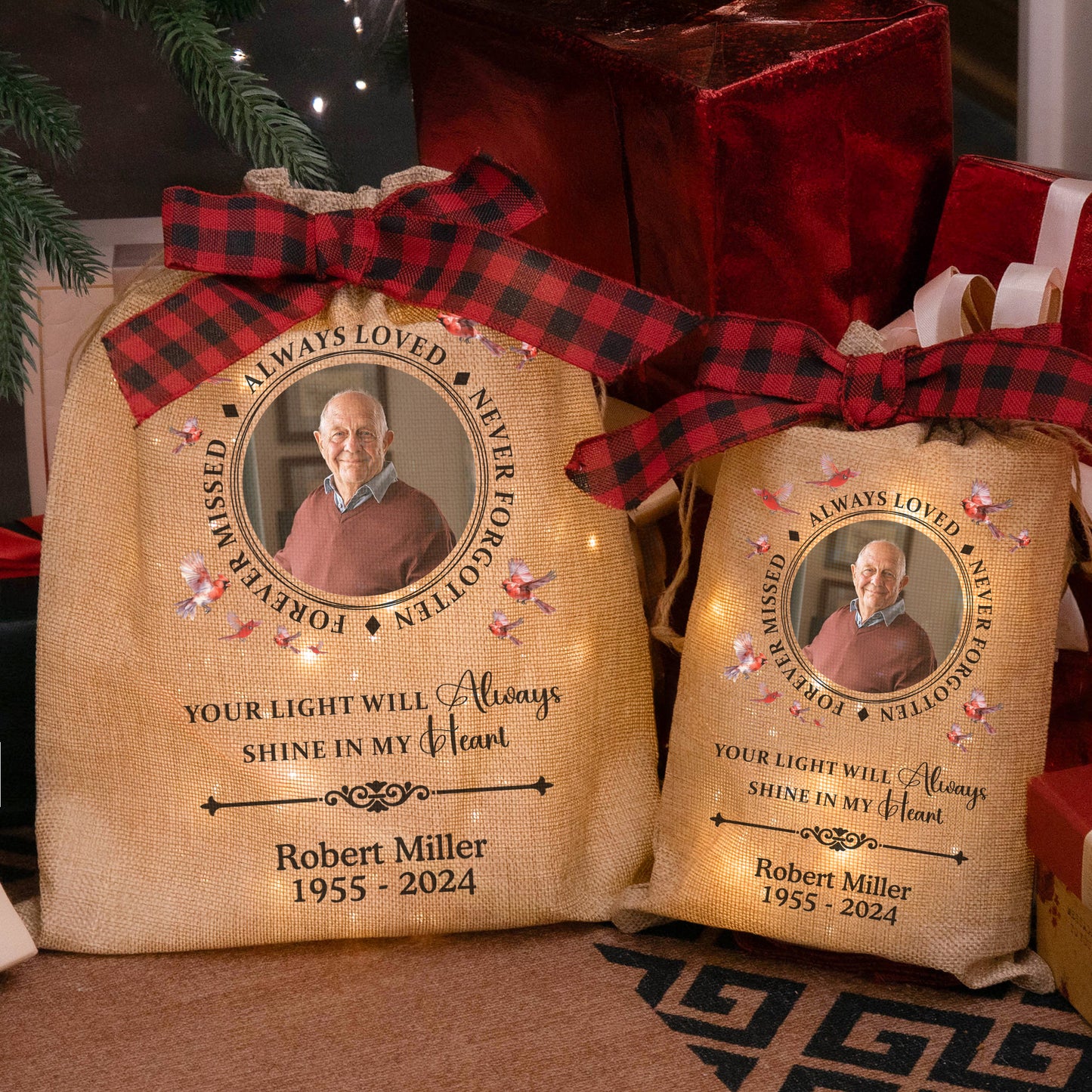 Your Light Will Always Shine In Our Hearts Memorial - Personalized Photo Lighted Burlap Sack