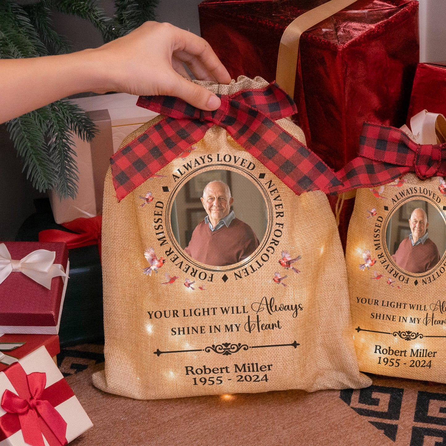 Your Light Will Always Shine In Our Hearts Memorial - Personalized Photo Lighted Burlap Sack