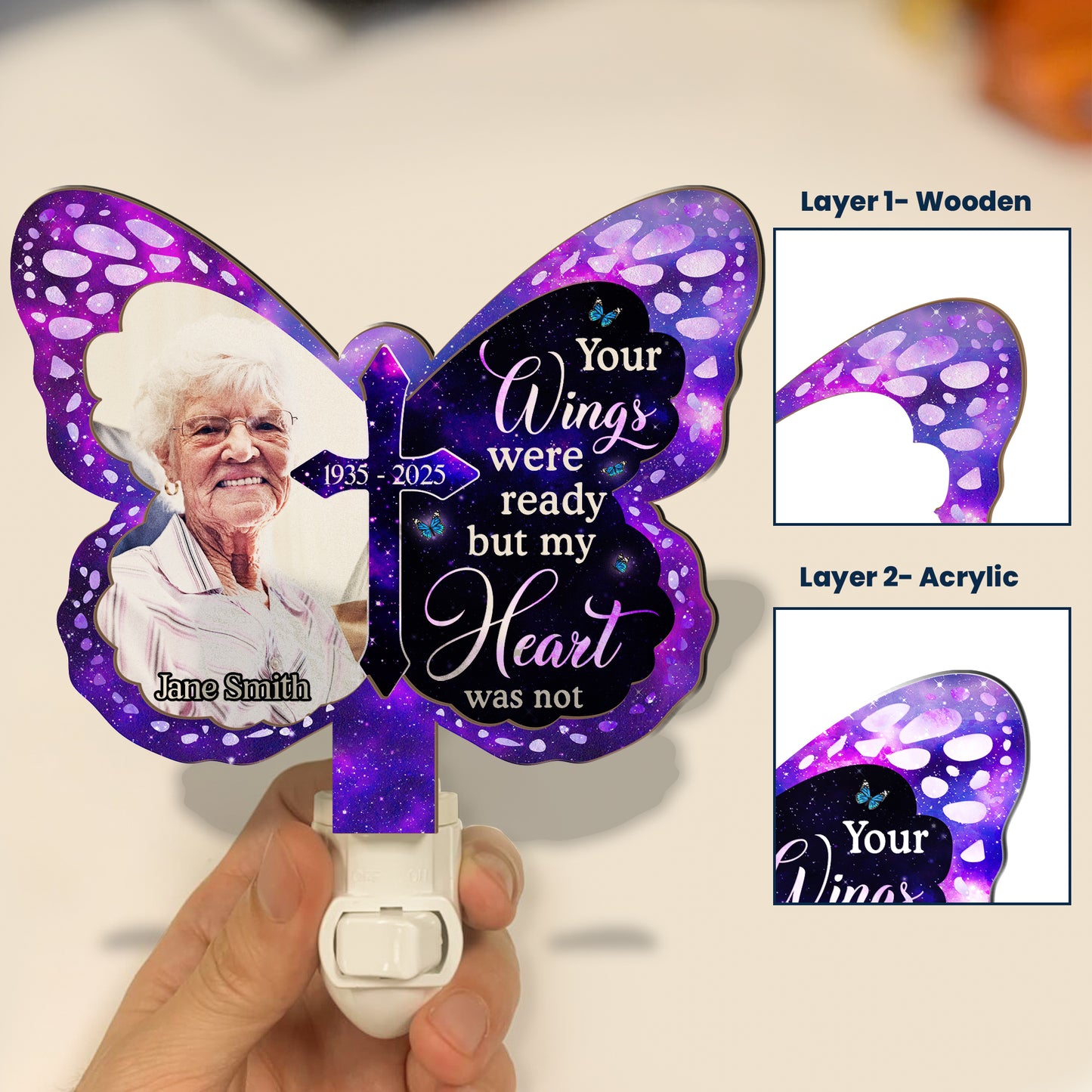Your Wings Were Ready - Personalized Wood And Acrylic Night Light