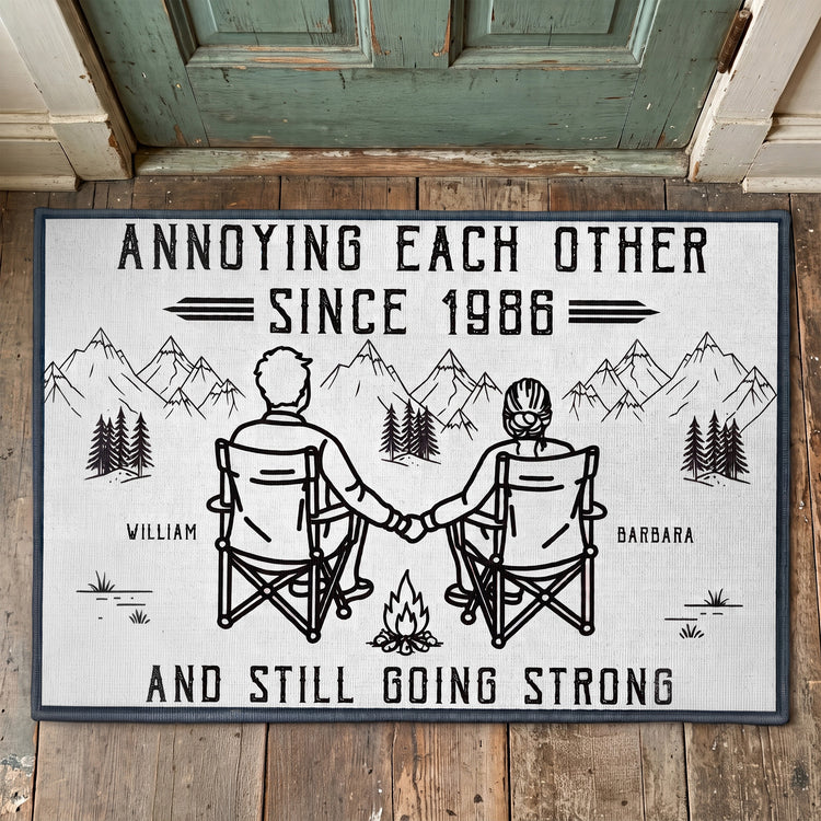 Annoying Each Other Since And Still Going Strong Couple Sitting Line Art - Personalized Doormat 1