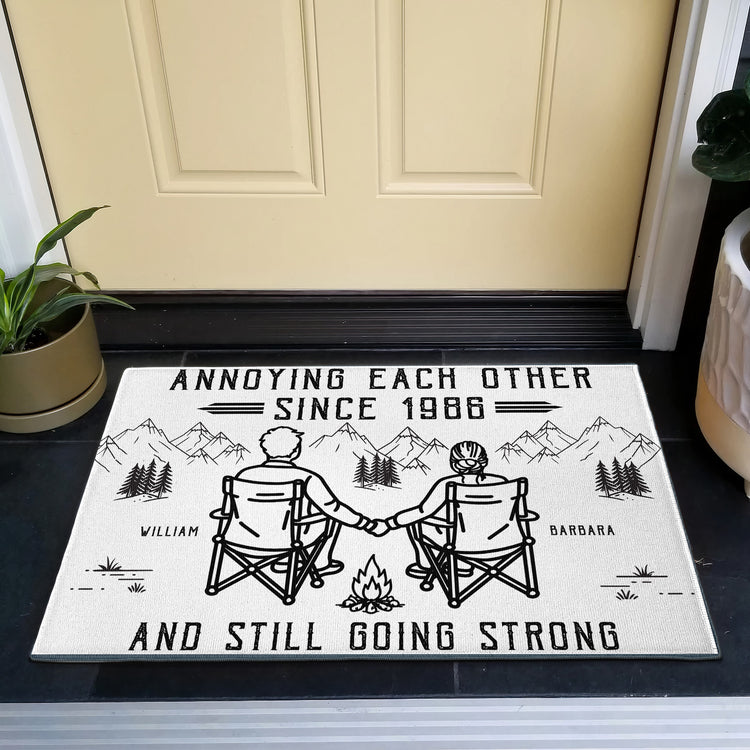 Annoying Each Other Since And Still Going Strong Couple Sitting Line Art - Personalized Doormat 3