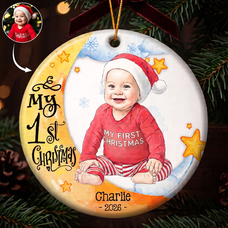 Baby First Christmas Moon Lover Keepsake Custom Photo Watercolor - Personalized Ornament 1