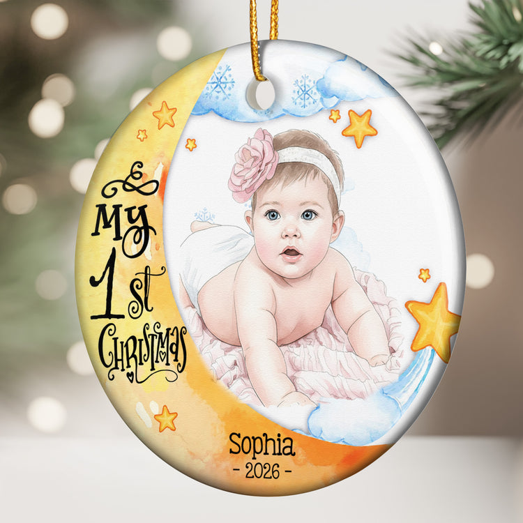 Baby First Christmas Moon Lover Keepsake Custom Photo Watercolor - Personalized Ornament 2
